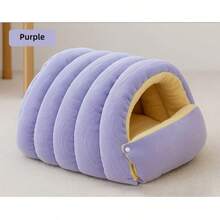 Cozy Warm Pet Bed - Plush Enclosed Cat/Dog House With Removable Washable Cushion, Light Purple And Cream