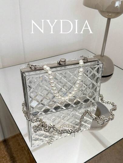 迷你盒狀手拿包,假珍珠裝飾,鏈條手袋,時尚、靜謐奢華,適合女性攜帶