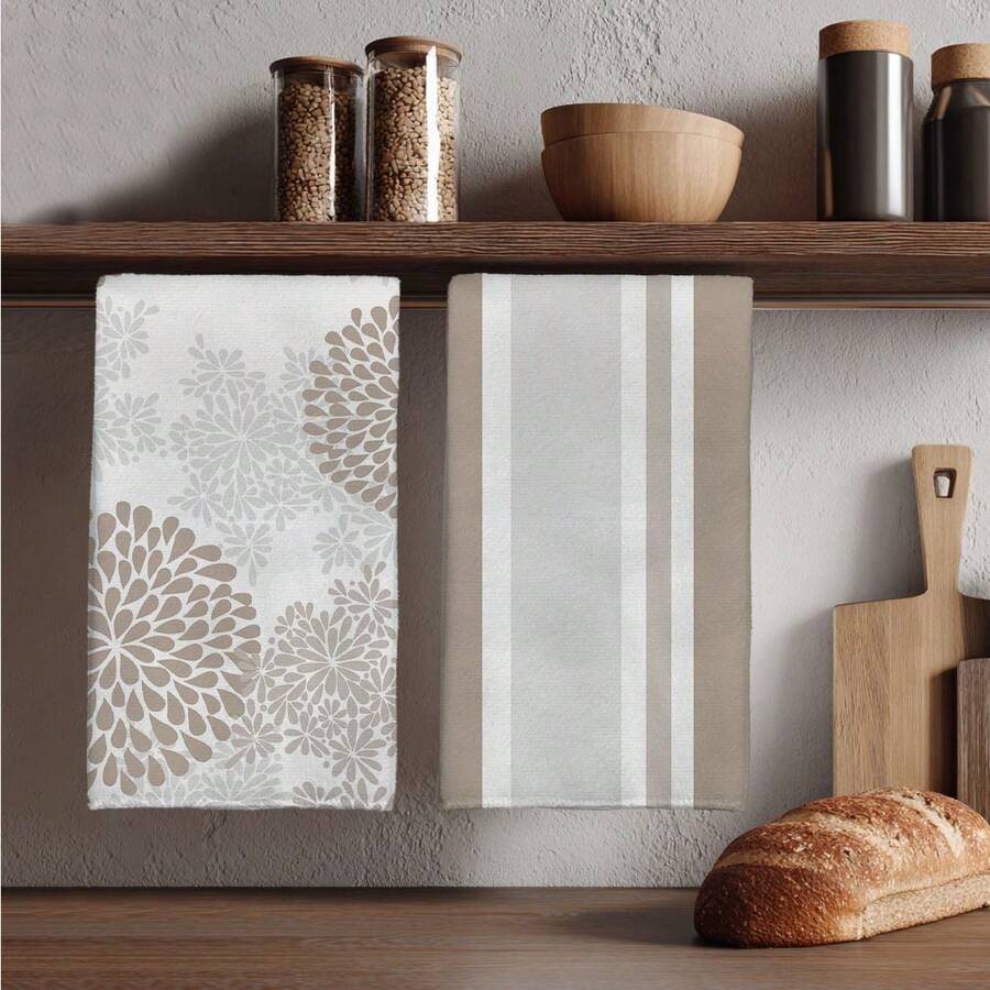 MEMNUN 2pcs Minimalist Milk Tea Color Geometric Floral Striped Pattern Kitchen Towels Set, 15.75*23.62in(40*60cm) Super Soft Absorbent Polyester Tea Towels, Suitable For Kitchen, Bathroom Decor And Gifts, All Season