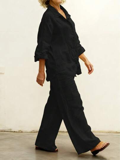 加大码春/夏/秋季 Polo 领休闲开衫，百搭纯色优雅衬衫上衣，专属度假和通勤舒适柔软松紧腰宽松裤，2 件套