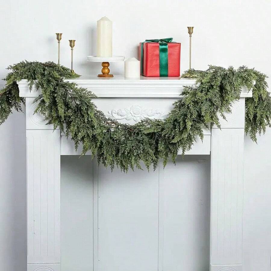 For Valentine's Day,Winter Cedar Christmas Garland 72" | Full Green Artificial Greenery Vine For Holiday Home Styling, Indoor Outdoor Mantle Table Decor - màu xanh lá - Xem 1