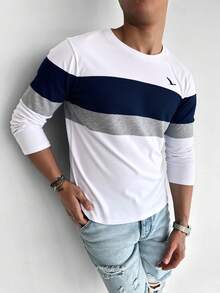 GRDR 秋季新款撞色商务休闲圆领男士长袖T恤 - 藍白色 - 查看 2