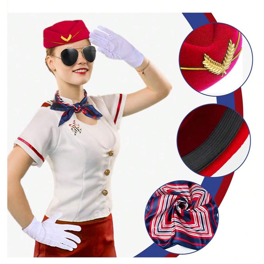 Women's Flight Attendant Clothing Accessories Flight Attendant Costume Flight Attendant Hat, Sunglasses, Scarf, Gloves - Multicolor - View 1