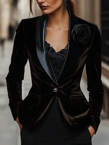 女士优雅咖啡棕色丝绒花卉装饰收腰单扣撞色领西装外套，春秋季 - 咖啡棕 - 查看 4