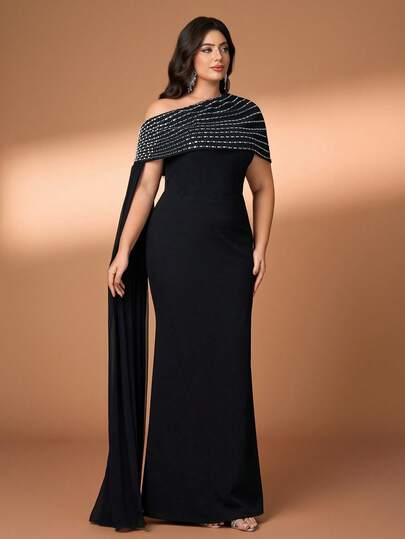 YISIKADO Đầm dạ hội thanh lịch cỡ lớn dành cho nữ, đính đá lấp lánh, kiểu dáng lệch vai, không tay, chân váy đuôi cá, thích hợp cho dạ hội, tiệc tùng, đám cưới, tiệc chiêu đãi, lễ tốt nghiệp, lễ trưởng thành, lễ kỷ niệm, buổi hòa nhạc, thảm đỏ và các dịp khác. Màu đen mùa xuân