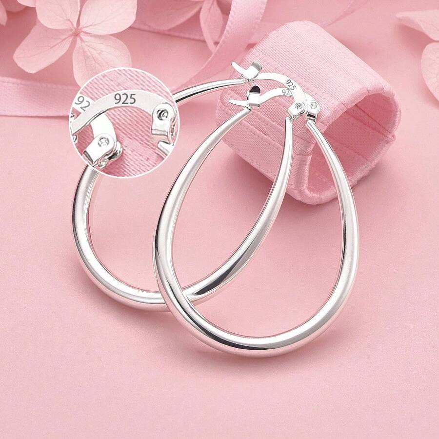 1 Pasang Anting Lingkaran Bulat Perak Sterling 925 Mengkilap, Perhiasan Hadiah Modis dan Menawan untuk Wanita - Perak 4 - View 1