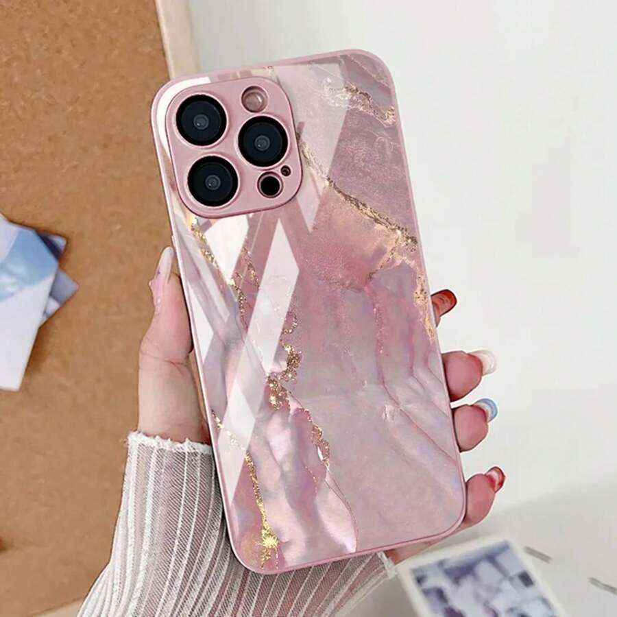 Funda de mármol para iPhone 17 Pro Max, funda para iPhone 16 13 14 11 12 15 Pro Max 16E 7 8 Plus XR SE 17 Air, cubierta de silicona con vidrio templado - Rosa PJ02 - Ver 1