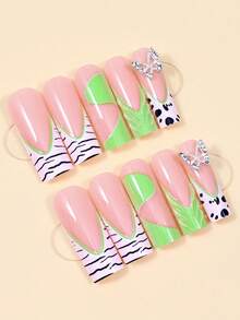 24片法式绿色斑马纹蝴蝶水钻美甲贴纸，亚克力材质，适合日常佩戴 - 彩色 - 查看 2