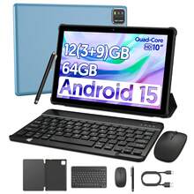 Android Tablet 10 Inch, Android 15 Tablet, 12GB (3+9 Expansion) RAM+64GB ROM 1TB Expand, 6000mAh Battery, 2 In 1 Tablet With Optional Keyboard, Quad-Core Tablet PC, WiFi, 2MP+8MP Dual Camera, 1280*800 FHD IPS Screen - Black Keyboard Set+Blue Tablet - View 1