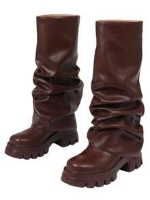 Women's Brown Boots Metal Platform Shark Boots Foldable Thick Knee High Shoes Motorcycle Nightclub Cosplay Spring Boots For Women - 棕色 - 查看 7