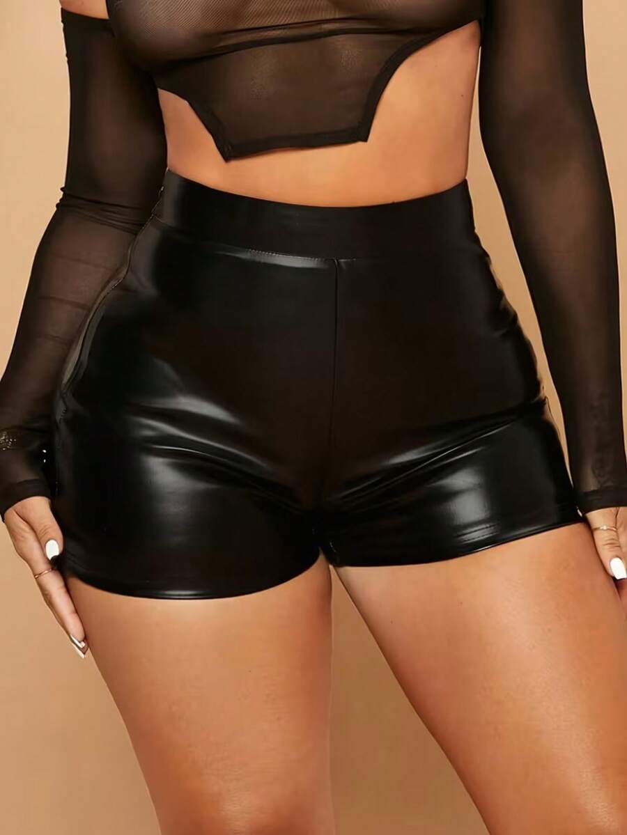Women's Black Fitted Short Splice Mesh Casual Shorts Summer - Black - View 1