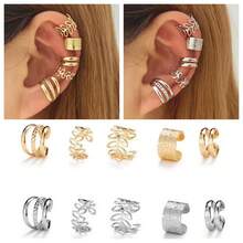 5pcs/Set C-Shaped Hollow Leaf Earrings, Minimalist Ear Cuffs, Personalized Ear Clips Without Piercing, Hollow Leaf Ear Cuffs, Unpierced Vintage Minimalist Geometric Alloy Ear Clips, Valentine's Day Gift, Graduation Gift, New Year Gift - Multicolor - View 1