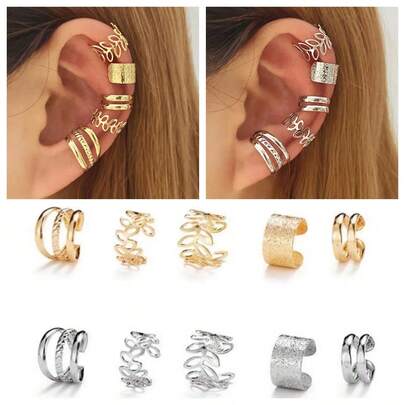 5pcs/Set C-Shaped Hollow Leaf Earrings, Minimalist Ear Cuffs, Personalized Ear Clips Without Piercing, Hollow Leaf Ear Cuffs, Unpierced Vintage Minimalist Geometric Alloy Ear Clips, Valentine's Day Gift, Graduation Gift, New Year Gift