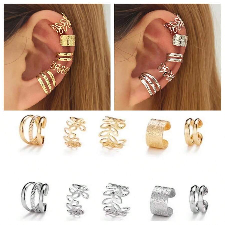 5pcs/Set C-Shaped Hollow Leaf Earrings, Minimalist Ear Cuffs, Personalized Ear Clips Without Piercing, Hollow Leaf Ear Cuffs, Unpierced Vintage Minimalist Geometric Alloy Ear Clips, Valentine's Day Gift, Graduation Gift, New Year Gift - Multicolor - View 1