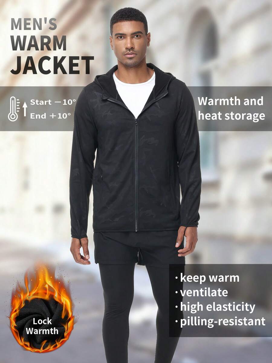 Men's Outdoor Autumn And Winter Hooded Zipper Fleece Thickened Warm Jacket Top - Black - View 1