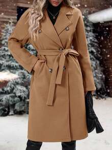 Women Elegant Pea Coat Lapel Collar Double Breasted Mid-Long Classic Jackets, Winter Overcoats With Belted Pockets - 駝色 - 查看 4