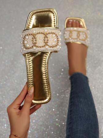 Rhinestone Embellished Slip-On Sandals, Lightweight & Non-Slip, Suitable For Beach, Casual Wear, Indoor, Plus Size, New Fashion Glitter Design