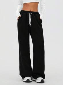 1 pieza Pantalón jogger holgado con textura de gofre, con bolsillos y diseño de rayas laterales en contraste, pierna recta, adecuado para correr al aire libre, entrenamiento en el gimnasio, uso casual, todo el año, color negro primaveral - Negro - Ver 5
