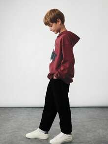 Young Boy Simple Black Wash Wide Leg Jeans, Versatile Casual Wear, Adjustable Elastic Waist Loose Fit Straight Leg Denim Pants - Black - View 4