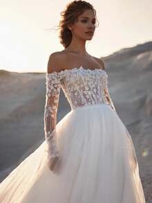 Vintage Off-Shoulder Long 3D Floral Lace Sleeve Wedding Dress With Tulle Train, Bridal Gown, Wedding Dresses For Bride, Elegant And Comfortable, Formal Dresses For Women, Suitable For Wedding, Party, Vacation, Bride, Formal Occasions, Dinner Dress, Prom Dress, After-Party Dress, Homecoming Dress, Cocktail Party, Birthday Party, Celebration, Gala, Festival, Ceremony - 白色 - 查看 1