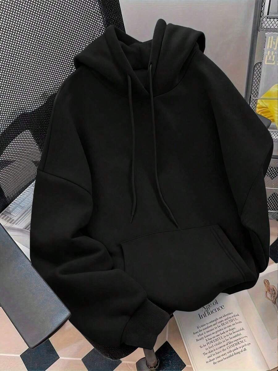 Women's Minimalist Print Solid Color Hoodie(Sudadera Con Capucha), Premium Cotton Blend Fabric, Basic Casual Light Street Style, Soft Long Sleeve Hooded Sweatshirt, Great For Daily Wear, Must-Have Essential For 2026 Spring Break And Back To School - màu đen - Xem 1