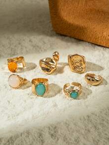 7pcs/Set Minimalist Luxury Metal Alloy & Pearl Geometric Creative Unique Women Jewelry Ring Set, Perfect Gift For Daily Wear & Any Occasion - 30188-r-g-1 - View 5