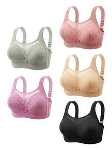 5-Piece Plus Size Women's Elegant Lace Push-Up Bra Set - Full Cup Wire-Free Medium Support, Lace Trim With Solid Color - Màu xanh lam - Xem 2