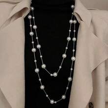 Women's Double Long Necklace With Large And Small Pearls, Elegant Thin Chain - Plateado - Ver 1