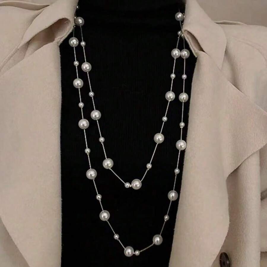 Women's Double Long Necklace With Large And Small Pearls, Elegant Thin Chain - Plateado - Ver 1