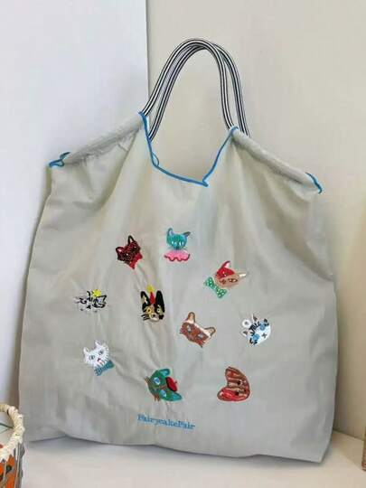 1pc Embroidered Cartoon Pattern Shopping Bag, Large Capacity Commute & Travel Tote Bag, Nylon Pull Handle Handbag