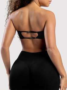 DINBEY Women's Backless Bandeau Sports Bra - Padded Seamless Wireless Solid Color Fitness Yoga Top Black Spring - Black - View 4