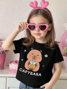 Young Girls Cartoon Print Short Sleeve T-Shirt - Black - View 1