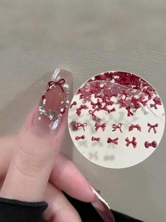 50个酒红色迷你蝴蝶结美甲装饰，系带式，圣诞节和新年美甲配件