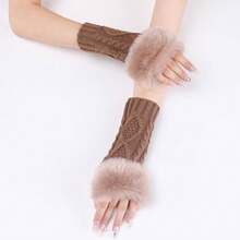 2 Pairs Furry Arm Warmers Fingerless Gloves Soft Fluffy Knitted Khaki Thumb Holes Gloves Winter Crochet Faux Fur Knitting Wrist Mittens Arm Sleeves For Women Writing Painting Typing Cycling,Khaki - 卡其色 - 查看 5