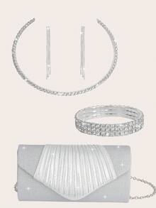 Thiết kế sang trọng kiểu Pháp cổ điển, bộ dây chuyền đính đá, túi xách dự tiệc mới, túi đeo vai thời trang, nhỏ gọn có thể gập lại, túi xách nữ. - Bạc - Xem 1