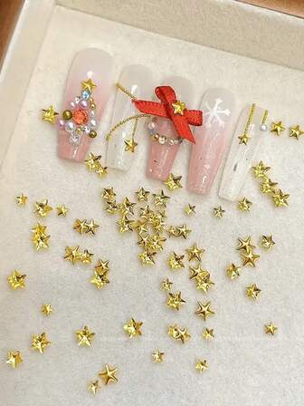 100pcs Golden Five-Pointed Star - Flat Nail Art Ornaments, Christmas Five-Pointed Star Nail Art Accessories, Various Sizes, Five-Pointed Star Nail Ornaments, Suitable For Christmas, Foot Care, Handicrafts - Golden Mini Exquisite And Multi-Functional Flat Wearable Nail Ornaments, Golden Mini Rivet Metal Star Copper Plate Nail Accessories