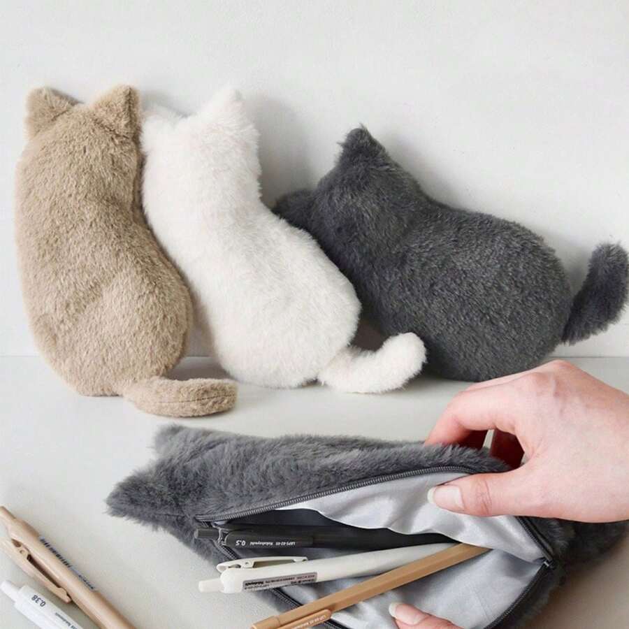 1个可爱猫咪毛绒铅笔盒，柔软触感学生文具收纳袋 - 彩色 - 查看 1