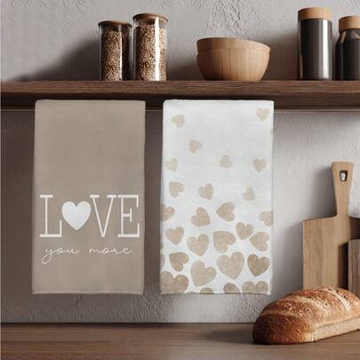 MEMNUN 2pcs Milk Tea Color Watercolor Ombre Heart "Love You More" Printed Kitchen Towels, 15.75*23.62in (40*60cm) Super Soft Absorbent Microfiber Dish Cloths, Kitchen Decor, Home Accessories, Suitable For Restaurant, Kitchen, Home Decoration And Gifts, All Seasons