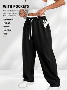 Plus Size Women Striped Wide Leg Sweatpants, High Waist Lace-Up Loose Black Casual Cargo Pants With Pockets - Black - View 4