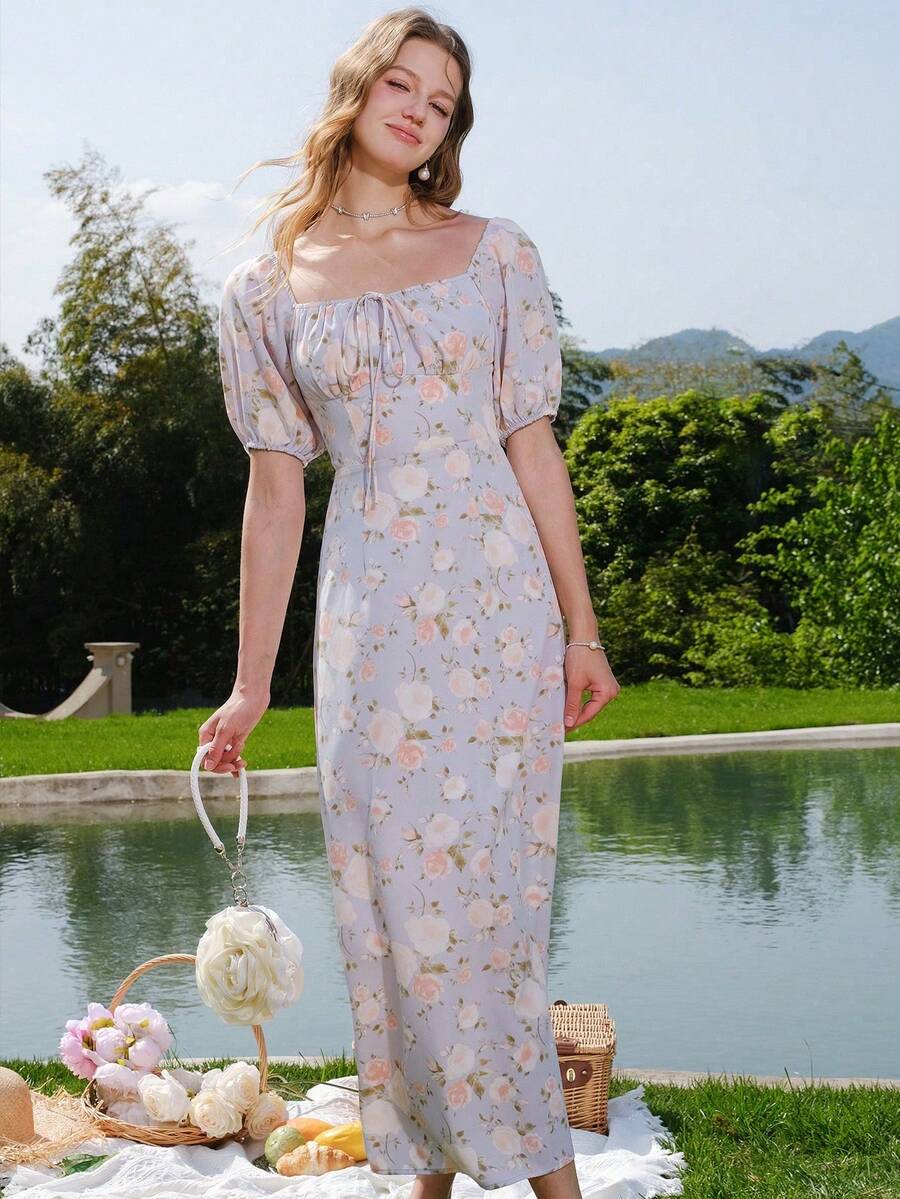 Women's Floral Print Elegant Front Drawstring Dress - Multicolor - View 1