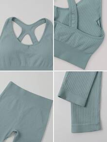 NcmRyu 3件套女士无缝修身立领双面拉链罗纹运动文胸、运动裤、长袖外套套装 - 薄荷藍 - 查看 4