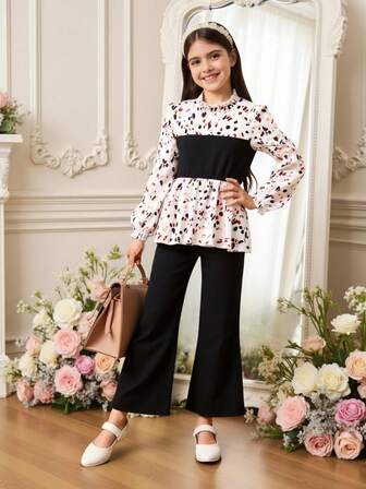 2 件女童春秋时尚荷叶边领上衣 + 简约喇叭裤套装