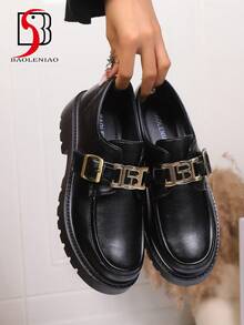 New Women Loafers Low Heel Leather Slip-On Shoes With Buckle Strap, Punk Style For Office, Casual, Fashion, Retro, Thick Sole, Slip-On, Suitable For Leisure, Office, School, Party, Street Wear - Black - View 4