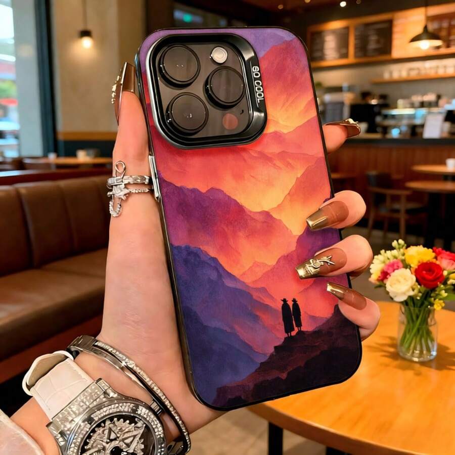 Cubierta de teléfono con borde metálico color púrpura con estampado de montañas al atardecer y siluetas de personas para uso diario en cafeterías - Negro - Ver 1