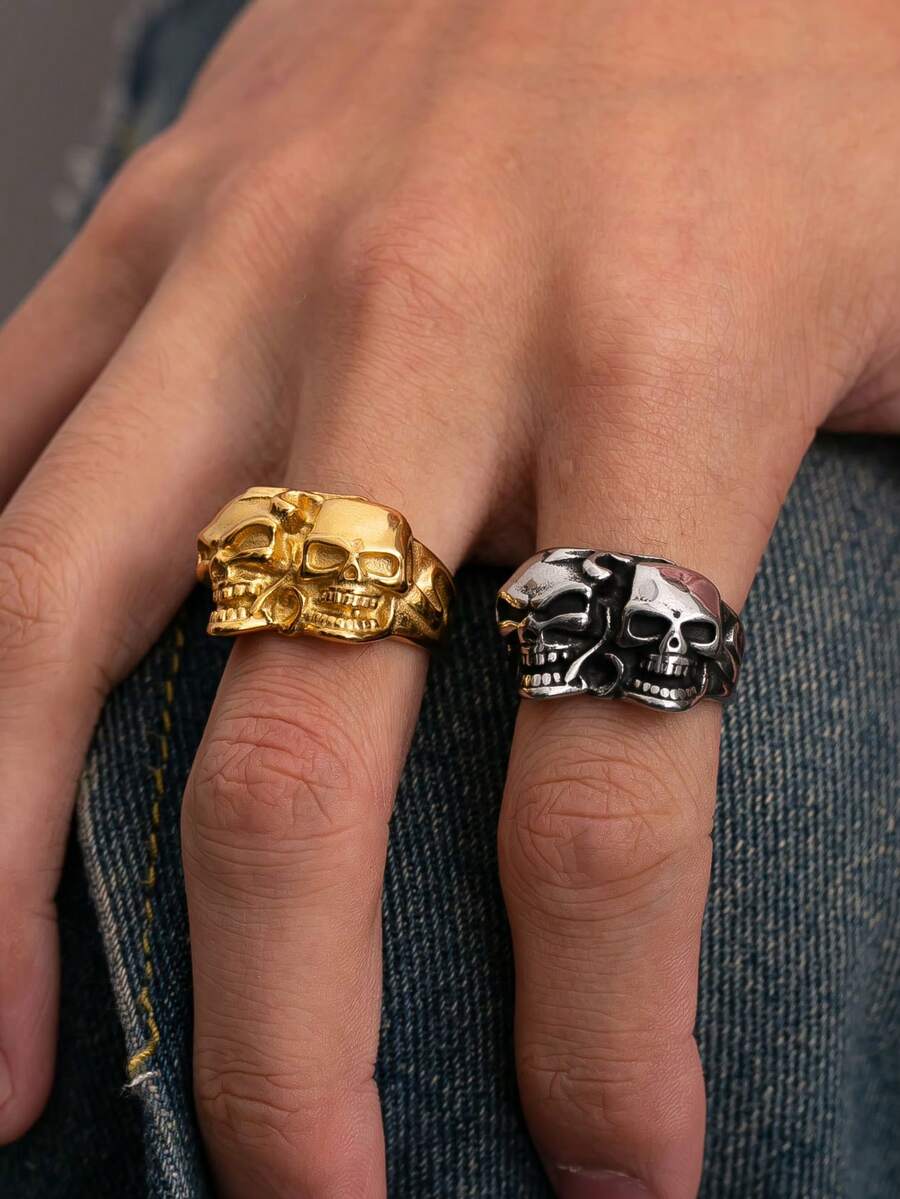 Stainless Steel Punk Style Personalized Double Skull Ring For Men - Multicolor - View 1
