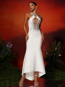 Love Aing Women's White Halter Handmade Rhinestone Mesh Splice Sexy Ball Gown Elegant High-End Evening Party Dress, Wedding Guest Formal Gown - White - View 2