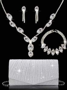 女士钻石首饰 闪耀奢华水钻首饰套装 闪耀项链 耳环 手链套装 闪粉皱纹手提宴会包 V型翻盖信封包 手提包 宴会包 钱包手提包 优雅手提宴会包 手提包 女士舞会手提包 女士新娘宴会包 舞会手提包 金属链条手提包 婚礼派对手提包 酒会婚礼 新款钱包宴会包