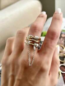 Anillo abierto de color plateado con doble aro, con un toque elegante y único, adecuado para chicas, un regalo versátil para el cumpleaños de la novia, accesorio hecho a mano - Dorado - Ver 3