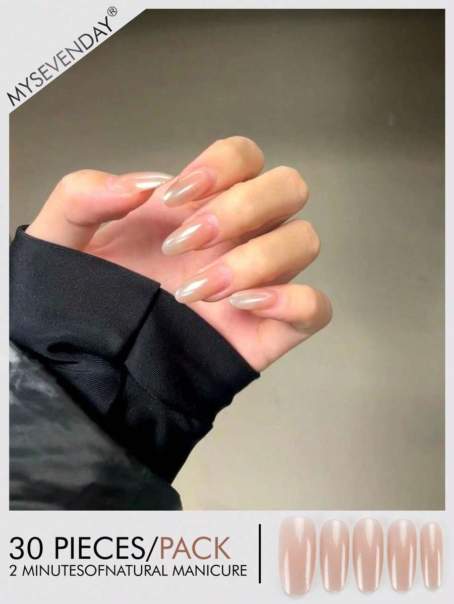 30 Pieces Press On Nails Almond/Coral Orange Short Nail Flakes/Mermaid Perfectly Fitting Acrylic Fake Nail Set, Including 1 Jelly Glue And 1 Nail File, Suitable For Women's Daily Work, Study, And Gatherings In Autumn And Winter Nail Products Suitable For Gatherings, Festivals , And Daily Use - Coral Orange - View 1