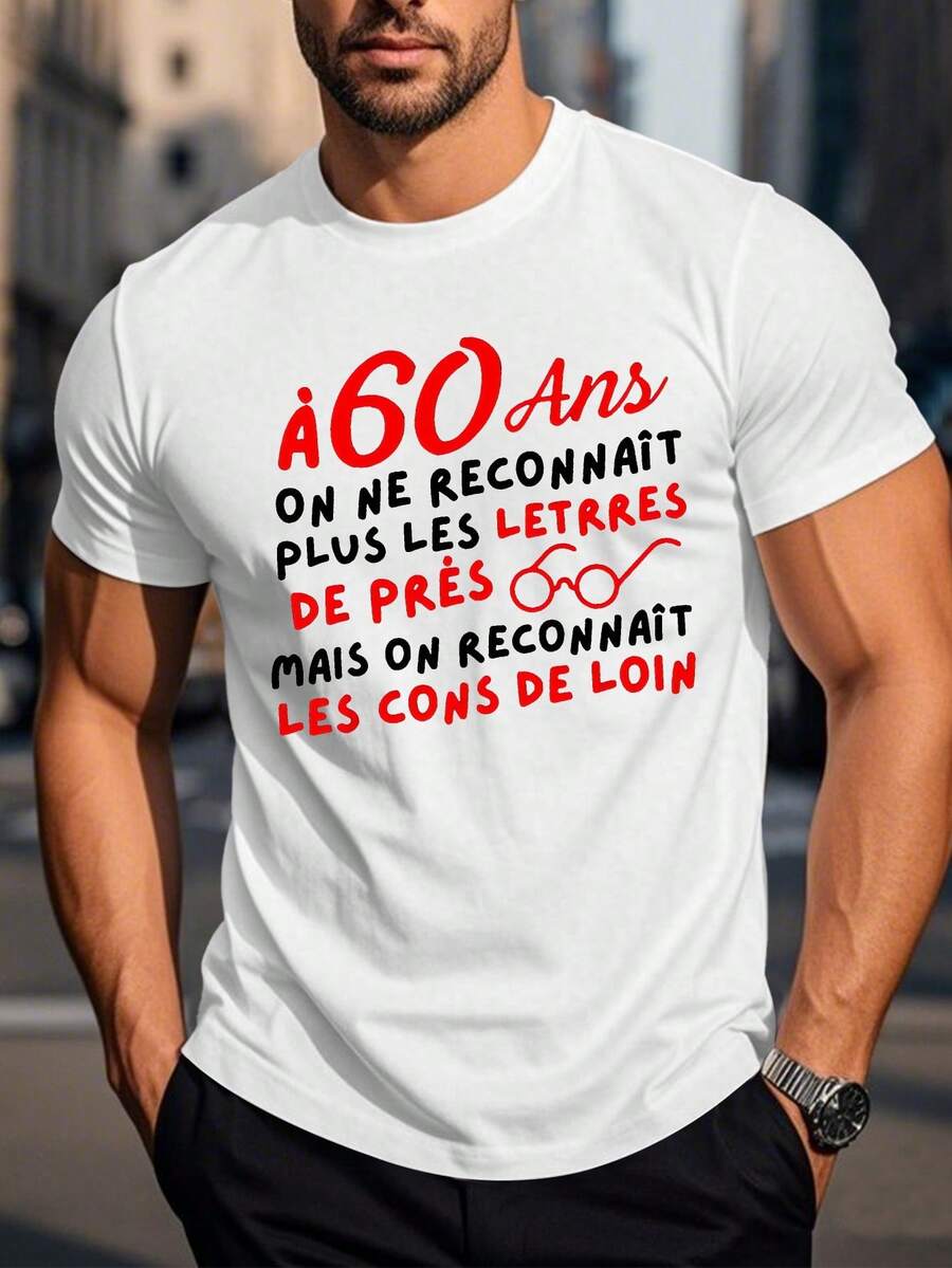 Men'S Casual Summer T-Shirt With French Humor - "At 60, I No Longer Recognize The Letters, But I Recognize The Faces" - Light Gray, Short Sleeve, Round Neck, Regular Fit, Casual Attire, Casual Summer Wear| Humorous Graphic Tee| Comfortable Fit Tee, French Tshirt - Black - View 1